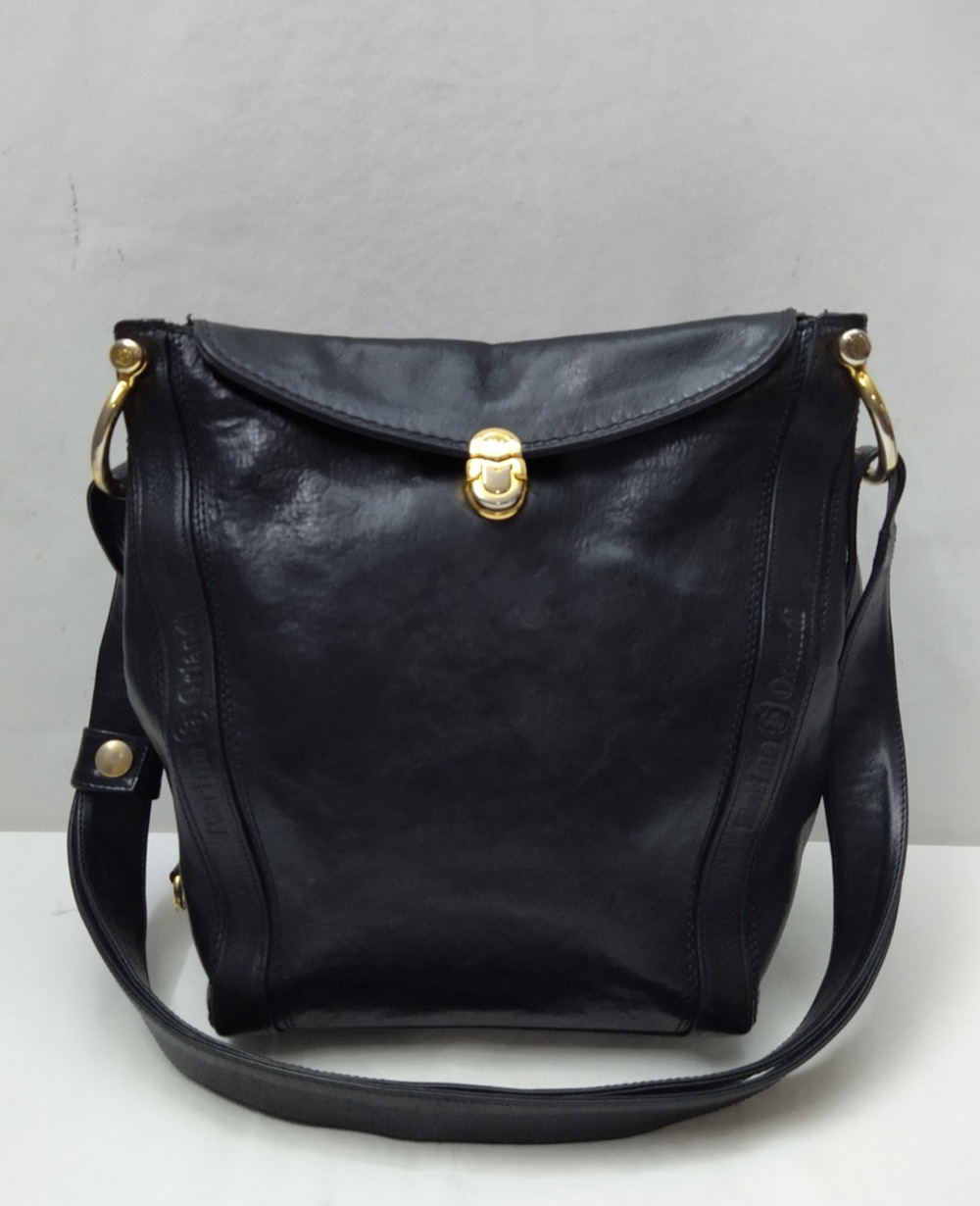 Marino Orlandi Black Leather Pushlock Crossbody Shoulder Bag